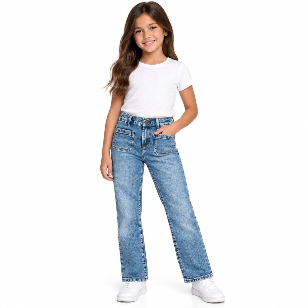 Crewcuts Girls Straight Leg Jeans Size 10 Medium Wash Blue Denim Patch Pockets